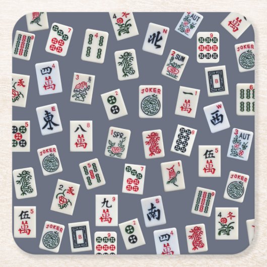 マジョングタイルデザインオン濃い青 スクエアペーパーコースター (正面)