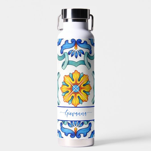 マジ地中海のリカのタイルプリント青と黄色 ウォーターボトル (正面)