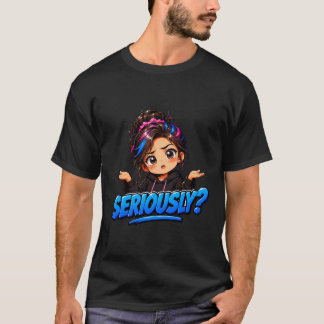 「マジ?」と肩をすくめる困惑のアニメちびキャラ娘 Tシャツ