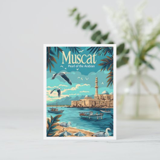 マスカットオマーンヴィンテージアートトラベルイラストレーション ポストカード (スタンド正面)
