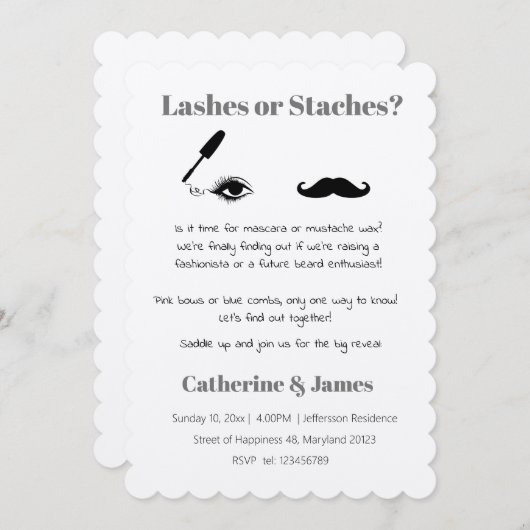 マスカラまたは口ひげおもしろいの予測できな性別の表示 招待状 (正面/裏面)