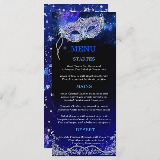 マスカレードの編集可能なテーマパーティーメニューカード メニュー (正面/裏面)