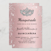 マスカレードの頬紅ピンクシルバー 15歳の誕生日 招待状 (正面/裏面)