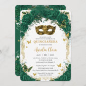 マスカレードキンセアニラエメラルドグリーンフローラ金ゴールド 招待状 (正面/裏面)