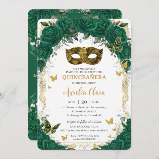 マスカレードキンセアニラエメラルドグリーンフローラ金ゴールド 招待状 (正面/裏面)