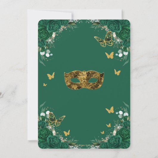 マスカレードキンセアニラエメラルドグリーンフローラ金ゴールド 招待状 (裏面)