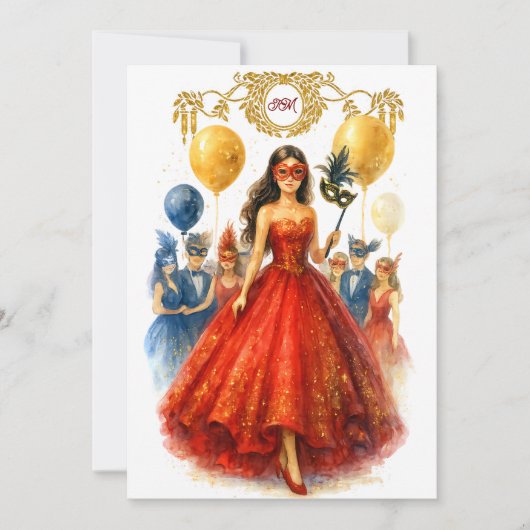 マスカレードキンセアニラルビーレッド金ゴールドボールガウン 招待状 (正面)