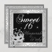 マスカレードスウィート16の16の誕生日白黒 招待状 (正面/裏面)