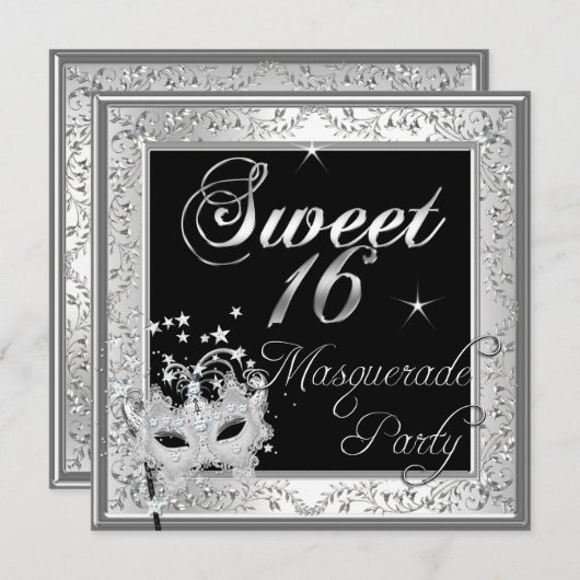 マスカレードスウィート16の16の誕生日白黒 招待状 (正面/裏面)