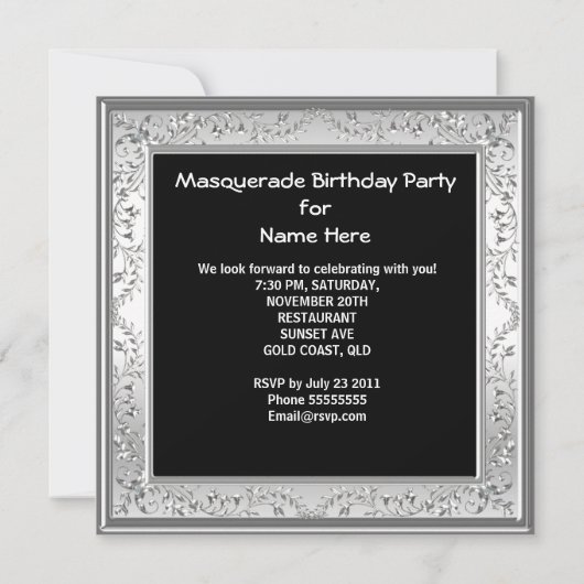 マスカレードスウィート16の16の誕生日白黒 招待状 (裏面)
