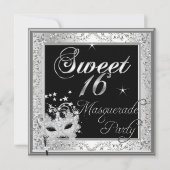 マスカレードスウィート16の16の誕生日白黒 招待状 (正面)