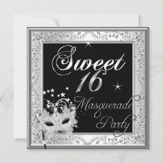マスカレードスウィート16の16の誕生日白黒 招待状 (正面)