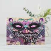 マスカレードパーティーの華やかなつけまつげの仮面の招待状 招待状 (スタンド正面)