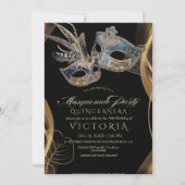 マスカレードパーティーキンセアニラブラック&金ゴールド誕生日 招待状 (正面)