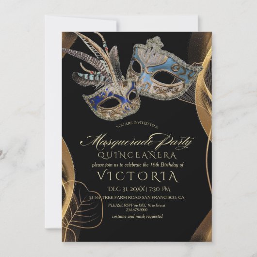 マスカレードパーティーキンセアニラブラック&金ゴールド誕生日 招待状 (正面)