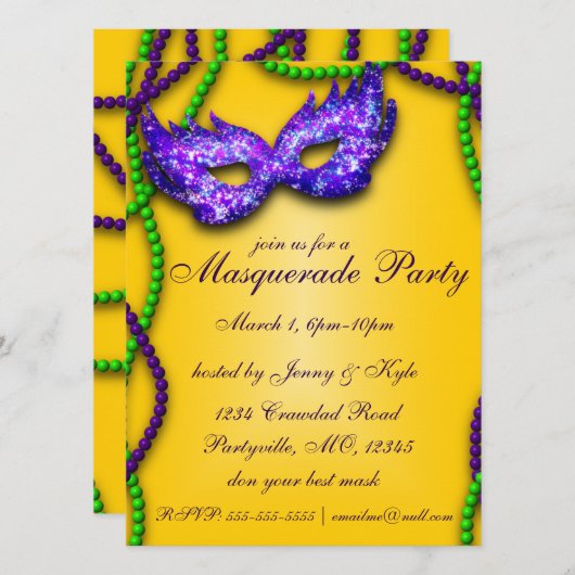 マスカレードパーティーパープルマスク招待状 招待状 (正面/裏面)