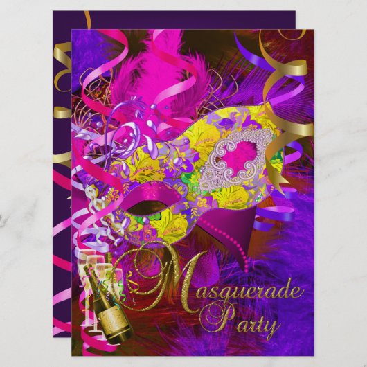 マスカレードパーティーマスクシャンパーニュ黄色 招待状 (正面/裏面)