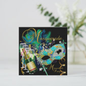 マスカレードパーティーマスクブラック金ゴールドティール(緑がかった色) 招待状 (スタンド正面)