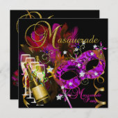 マスカレードパーティーマスクブラック金ゴールドピンク 招待状 (正面/裏面)