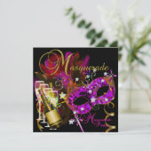 マスカレードパーティーマスクブラック金ゴールドピンク 招待状 (スタンド正面)