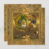 マスカレードパーティーマスク金ゴールドブラック誕生日 招待状 (正面/裏面)