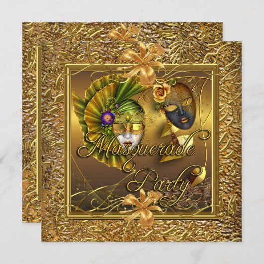 マスカレードパーティーマスク金ゴールドブラック誕生日 招待状 (正面/裏面)