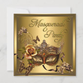 マスカレードパーティーマスク金ゴールドブラック誕生日 招待状 (正面)