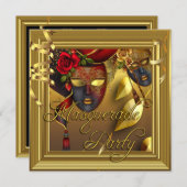 マスカレードパーティーマスク金ゴールドブラック誕生日 招待状 (正面/裏面)