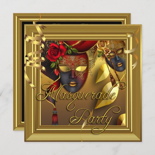 マスカレードパーティーマスク金ゴールドブラック誕生日 招待状 (正面/裏面)