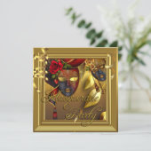 マスカレードパーティーマスク金ゴールドブラック誕生日 招待状 (スタンド正面)