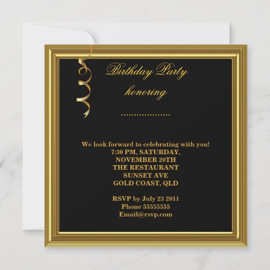 マスカレードパーティーマスク金ゴールドブラック誕生日 招待状 (裏面)