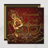 マスカレードパーティーレッドマスク金ゴールドブラック誕生日 招待状 (正面/裏面)