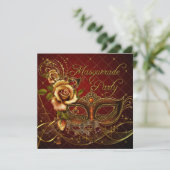 マスカレードパーティーレッドマスク金ゴールドブラック誕生日 招待状 (スタンド正面)