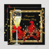 マスカレードパーティーレッド金ゴールドマスクシャンパン 招待状 (正面/裏面)