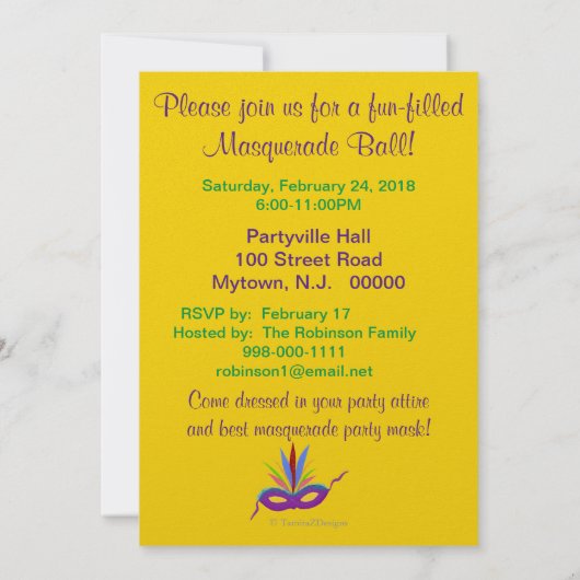 マスカレードパーティー紫フェザードマスク 招待状 (裏面)