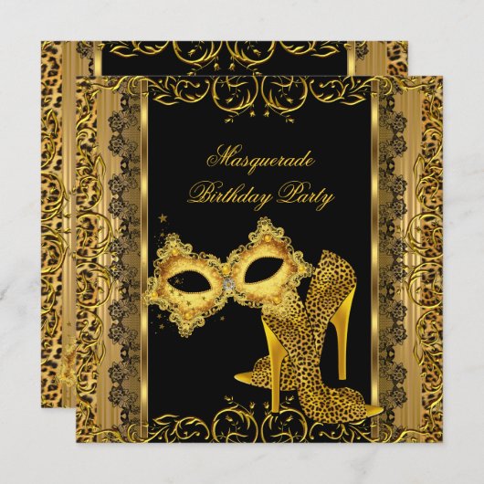 マスカレードパーティー金ゴールドレオパードハイヒール2 招待状 (正面/裏面)