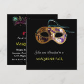 マスカレードパーティー、ブラックホワイトブルー 招待状 (正面/裏面)