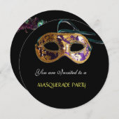 マスカレードパーティー、黒、白、青 招待状 (正面/裏面)