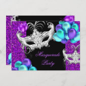 マスカレードパープルティール(緑がかった色)ブルーグリッターパーティー 招待状 (正面/裏面)