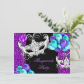 マスカレードパープルティール(緑がかった色)ブルーグリッターパーティー 招待状 (スタンド正面)