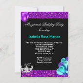 マスカレードパープルティール(緑がかった色)ブルーグリッターパーティー 招待状 (裏面)