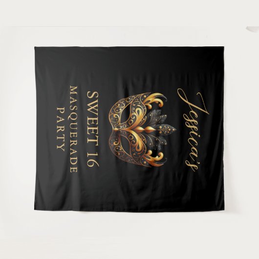 マスカレードブラック金ゴールドスイート16誕生日へようこそ タペストリー (正面(横))