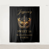 マスカレードブラック金ゴールドスイート16誕生日へようこそ タペストリー (正面)