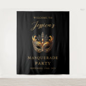 マスカレードブラック金ゴールド誕生日へようこそ タペストリー (正面)