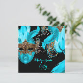 マスカレードボールパーティーティール(緑がかった色)ブルーマスク 招待状 (スタンド正面)