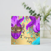 マスカレードボールパーティーパープルティール(緑がかった色)ブルーマスク金ゴールド 招待状 (スタンド正面)