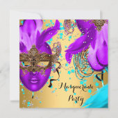 マスカレードボールパーティーパープルティール(緑がかった色)ブルーマスク金ゴールド 招待状 (正面)