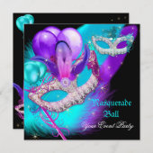 マスカレードボールパーティーマスクパープルティール(緑がかった色)ブルー 招待状 (正面/裏面)