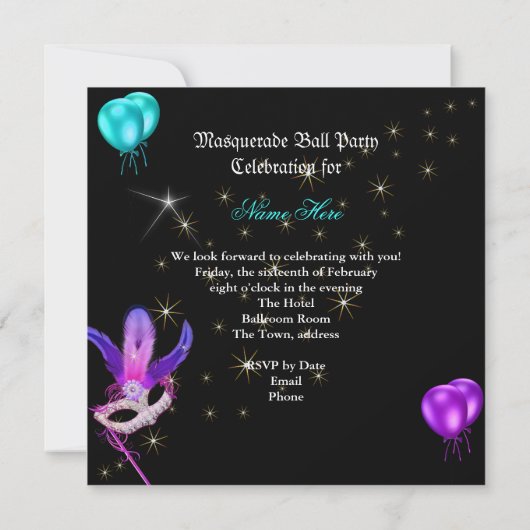 マスカレードボールパーティーマスクパープルティール（緑がかった色）ブルー 招待状 (裏面)