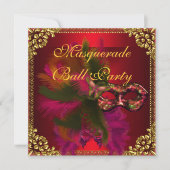 マスカレードボールパーティーマスク金ゴールド深い赤 招待状 (正面)